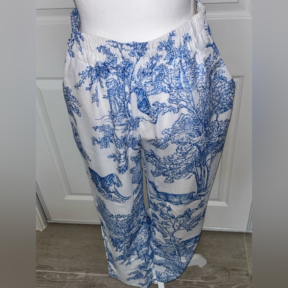 Women's Blue & White Printed Wide-Leg Pants